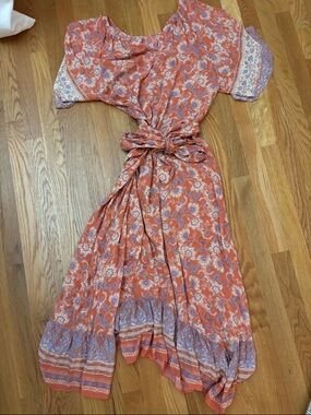 Bohemian Coral Floral Tie-Waist Maxi Dress